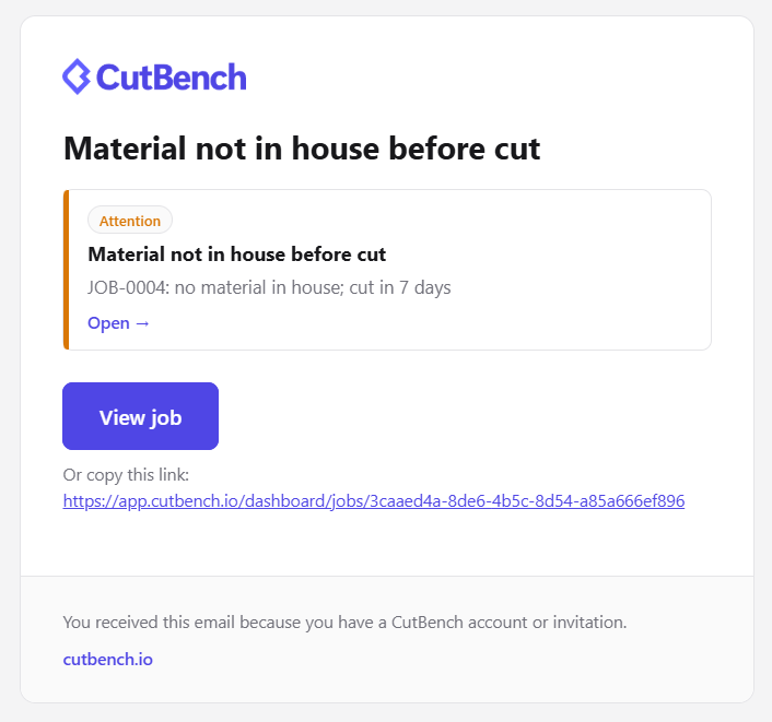 Email alert for material not being in house before a scheduled cut